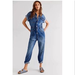 FREE PEOPLE | Denim Jumpsuit Short Sleeve Marci Coverall High Noon Stretch